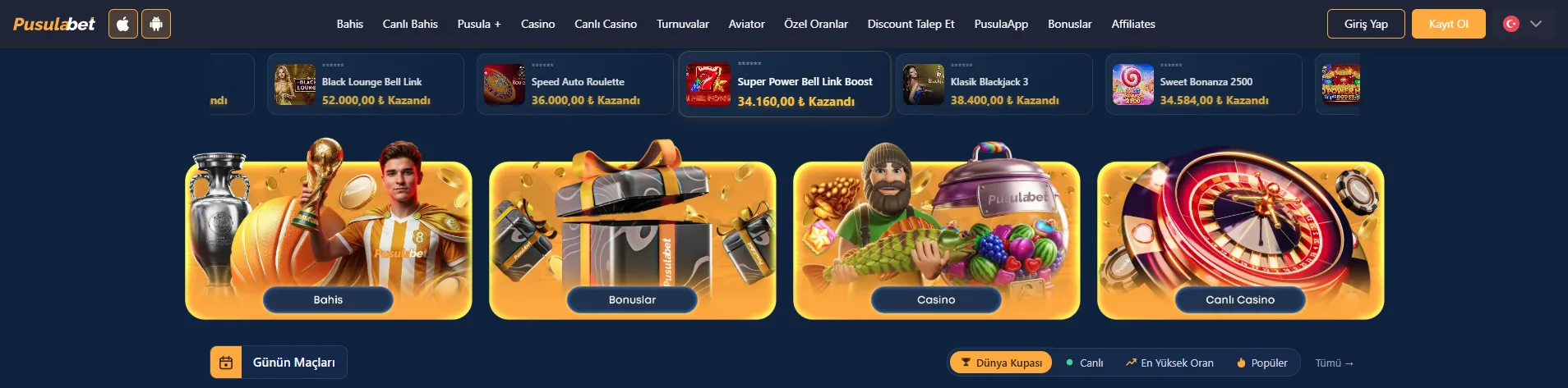 Pusulabet ana sayfa menüsü: bahis, bonuslar, casino ve canlı casino bölümleri
